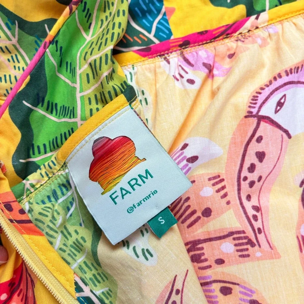 Farm Rio Yellow Tropical Toucan Banana Print Tiered Tie Back Maxi Dress Cotton